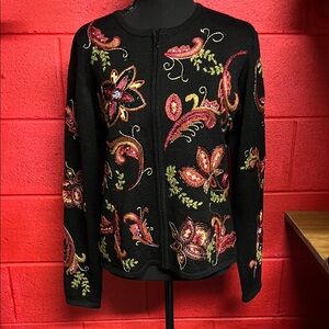 Elegant Black Embroidered Sweater Talbots Large